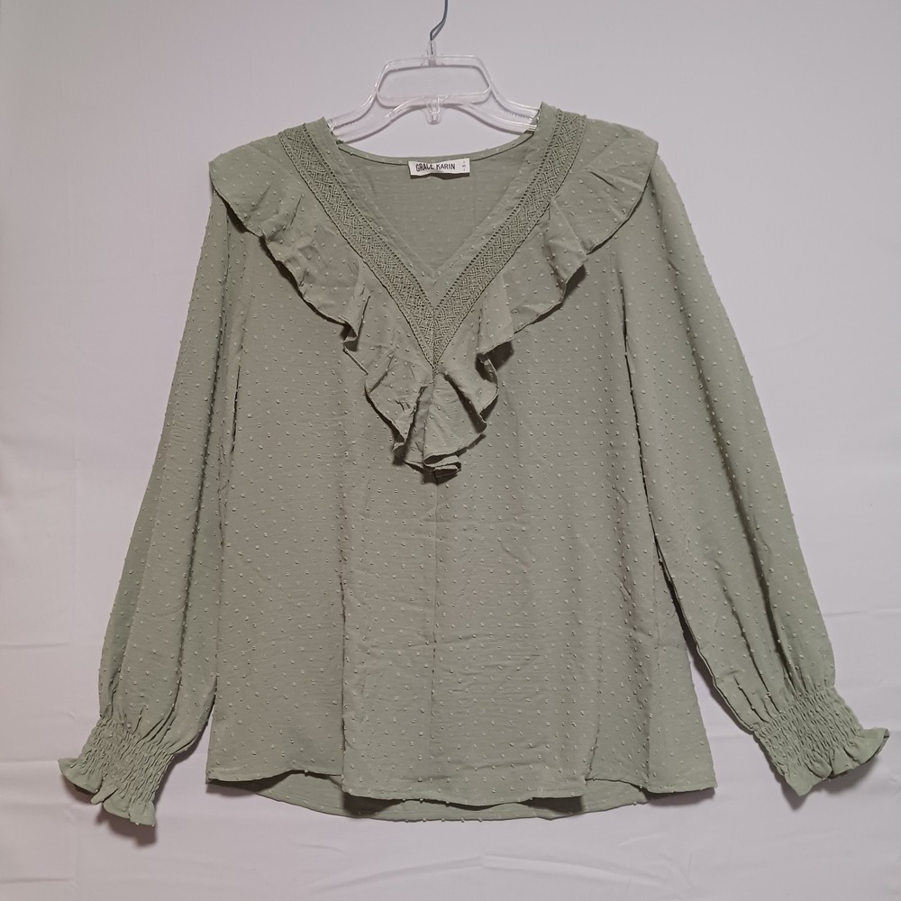 Grace Karin Women's Long Sleeve Blouse Sz S Olive Green Dot Slub V-Neck NWT
